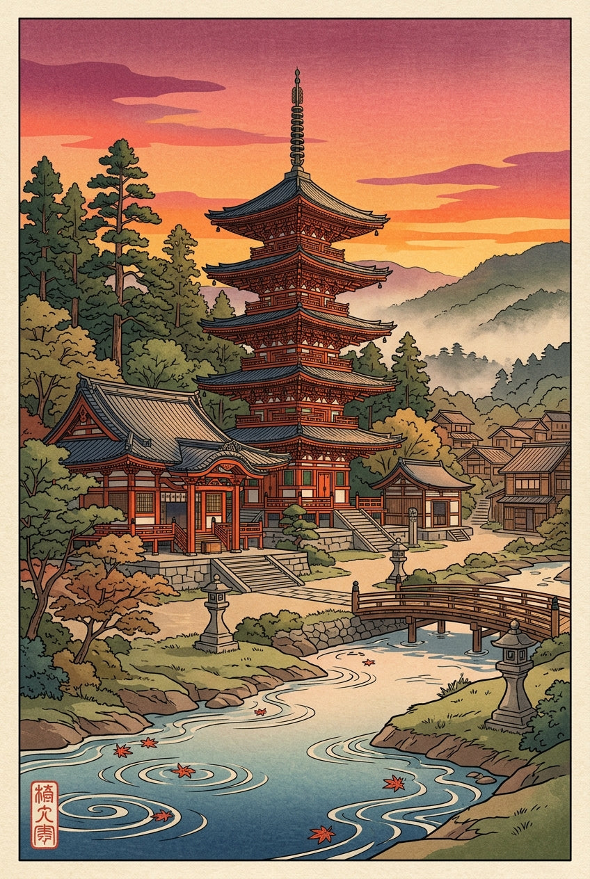 A richly detailed illustrated poster blending anime background painting with traditional ukiyo-e woodblock technique,...
