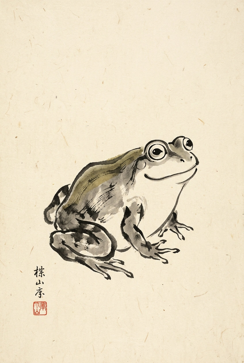 A minimalist sumi-e ink painting reproduced as a Japanese woodblock print, showing a single plump frog seen from the...