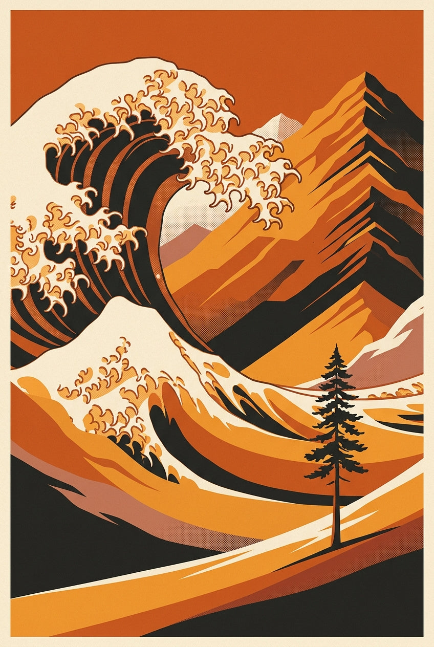 A bold graphic Japanese landscape poster in flat vector-like screen-print style, dominated by a great swirling wave w...