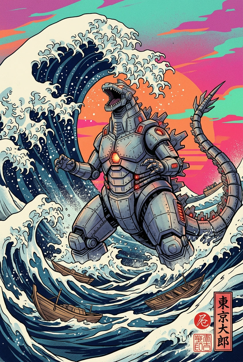 A dynamic anime poster illustration reimagining a classic ukiyo-e ocean scene, in which a towering mechanical kaiju o...