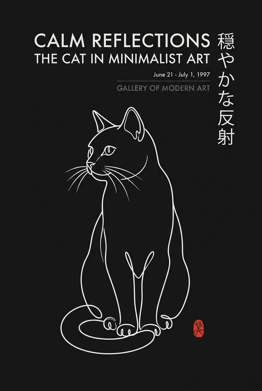 A modern minimalist exhibition poster rendered as continuous single-weight line art, showing a cat seated upright in...