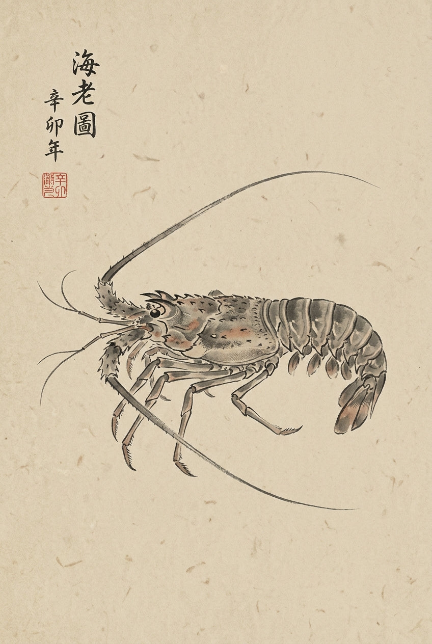 A traditional sumi-e ink wash study printed as a Japanese woodblock, presenting a single spiny lobster in sharp side...