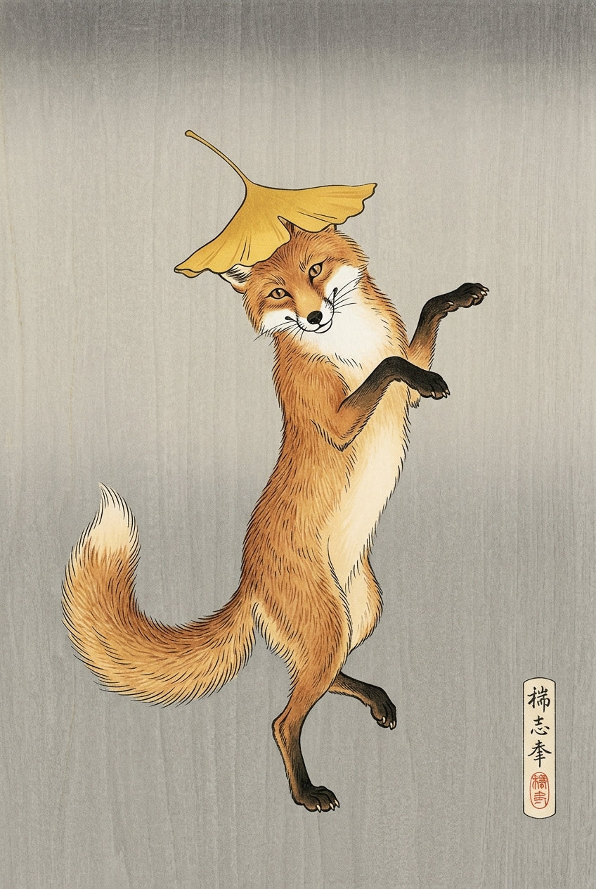 Affiche Renard Japonais, poster feuille de ginkgo