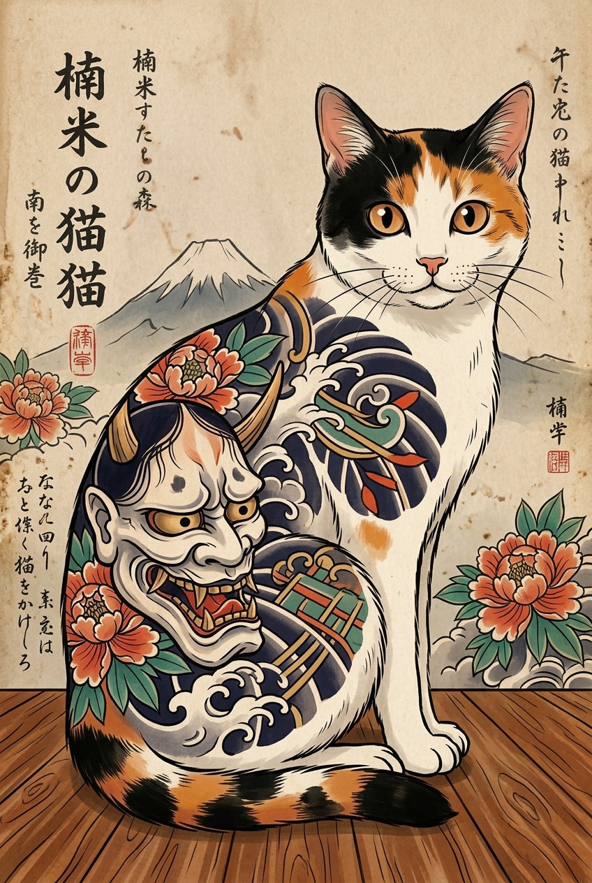 Affiche chat japonais, poster masque Hannya