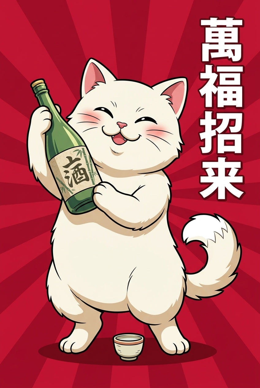 Affiche Chat Japonais au Saké, poster chat blanc