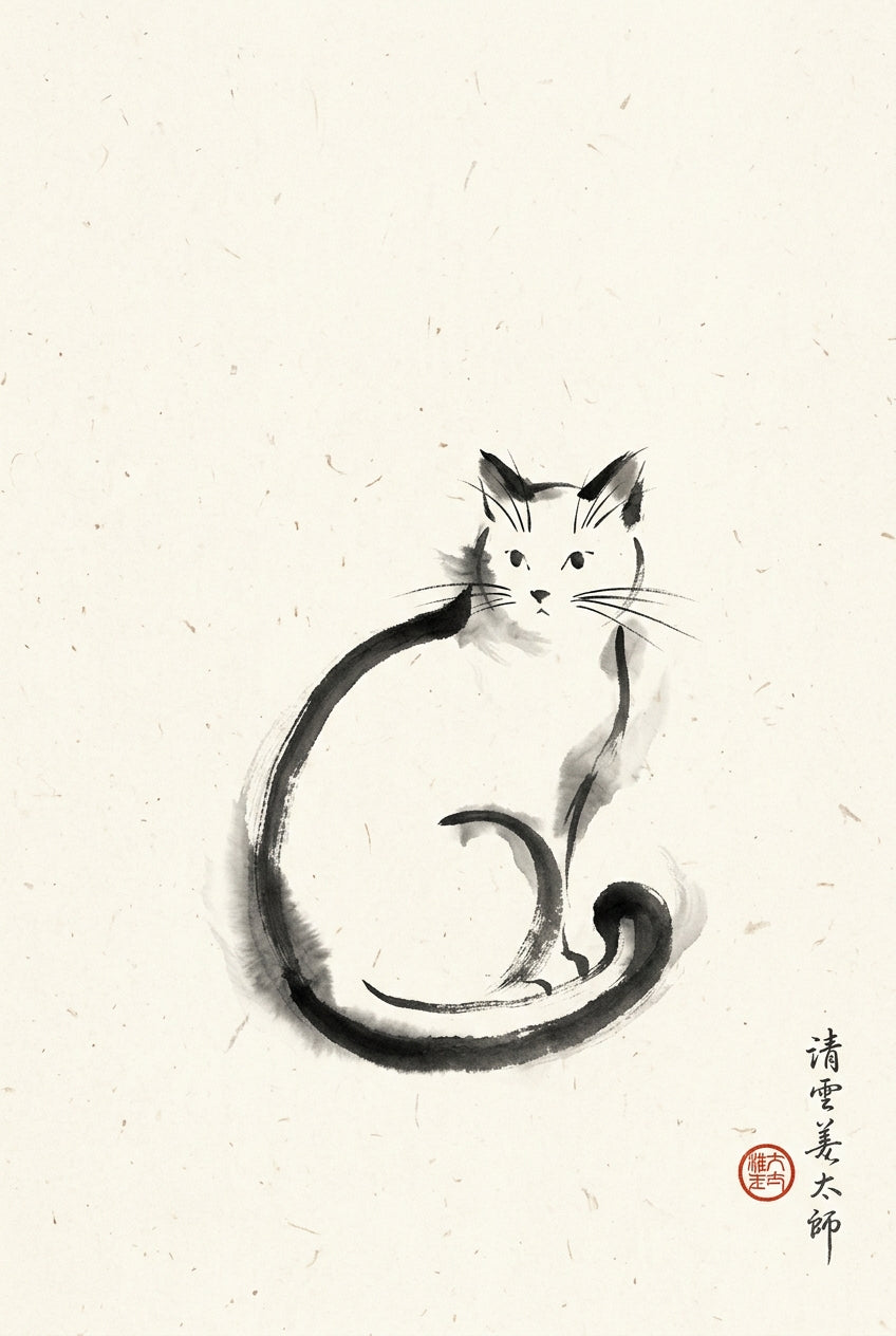Affiche du chat japonais, poster à l'encre noire