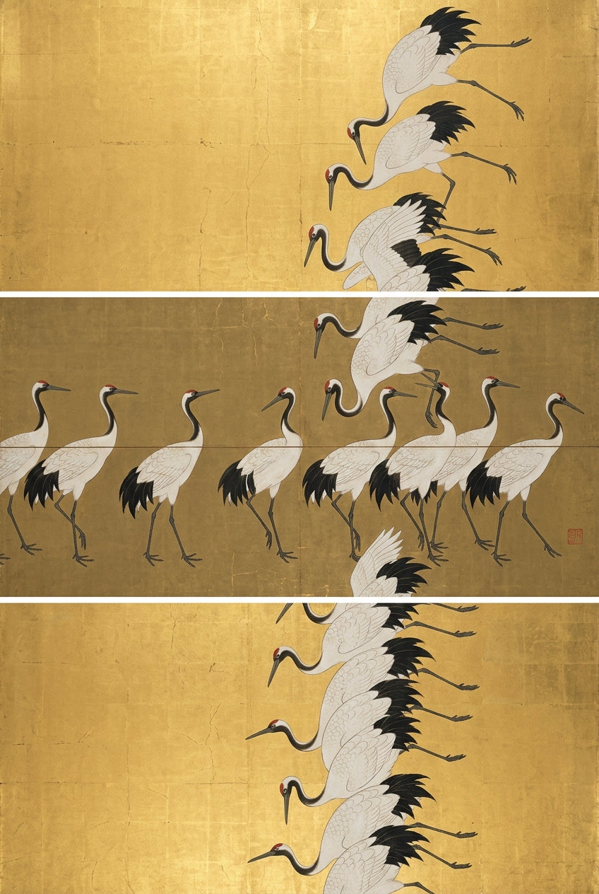 Affiche grues japonaises, poster fond doré
