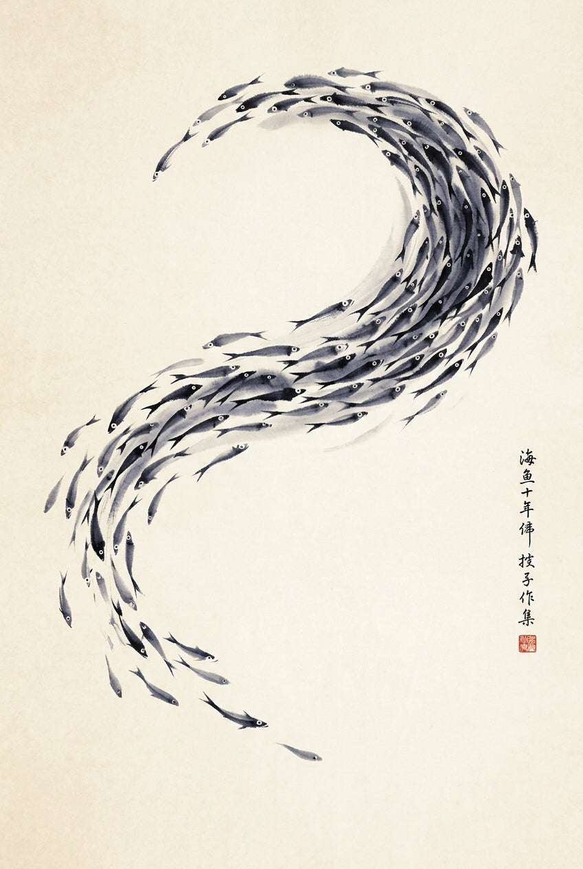 Affiche Banc de poissons japonais, poster calligraphie