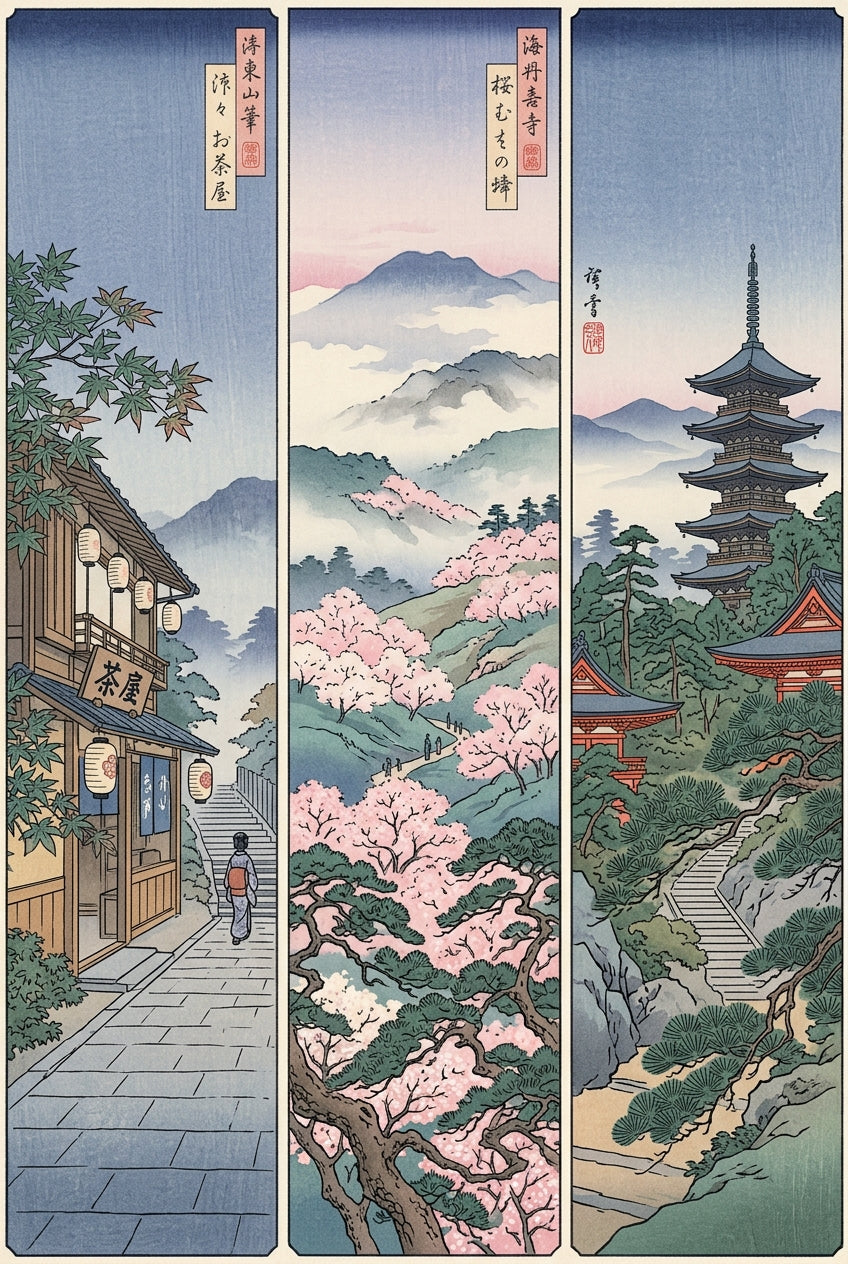 Affiche Paysage Japonais, poster triptyque pagode