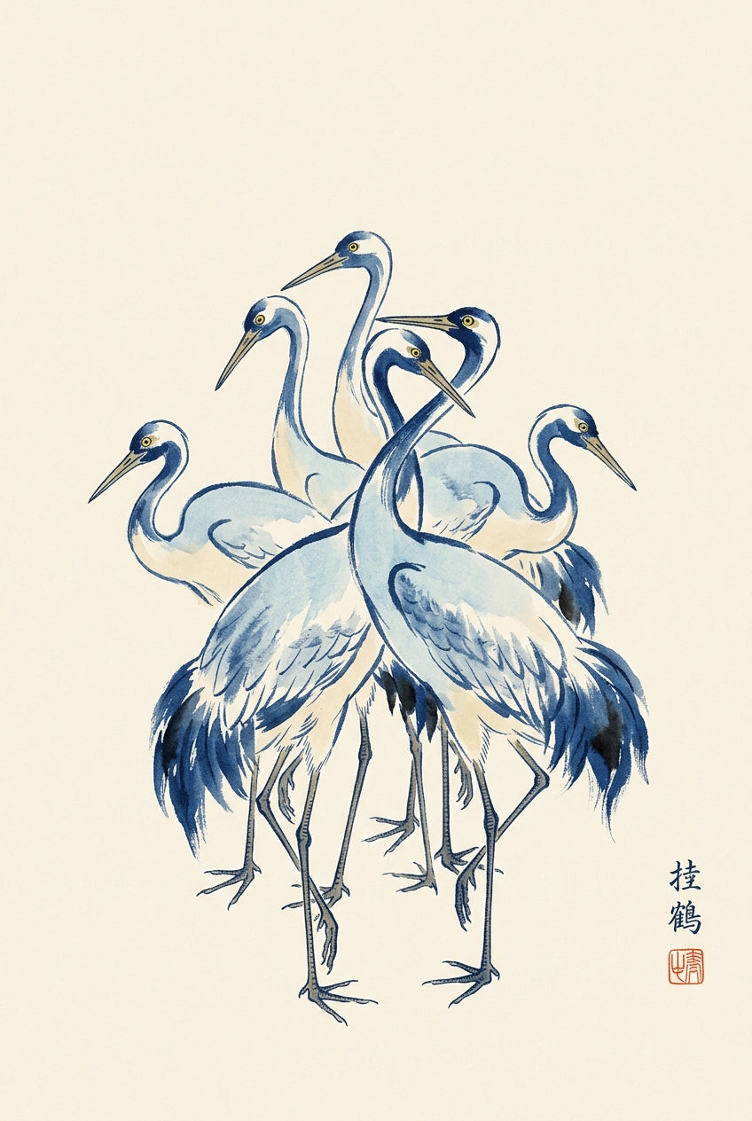 Affiche grues japonaises, poster oiseaux bleus