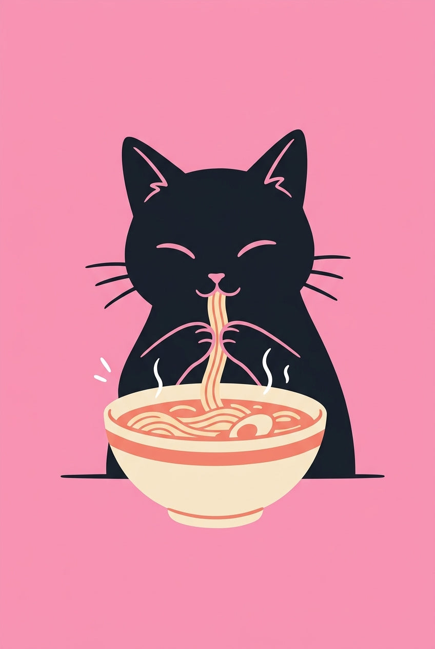 Affiche Chat Ramen japonais, poster rose