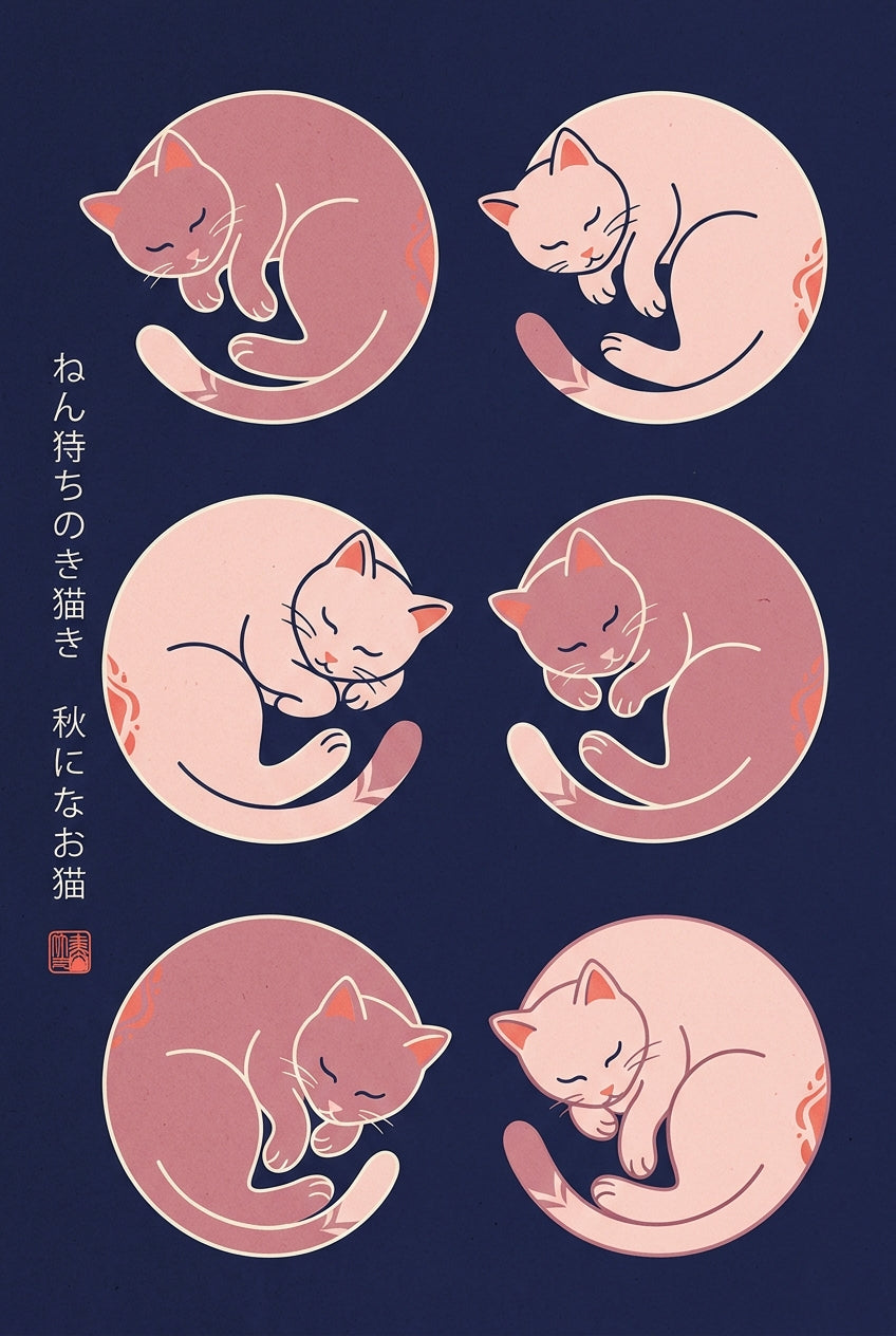 Affiche chats japonais, poster rose et bleu