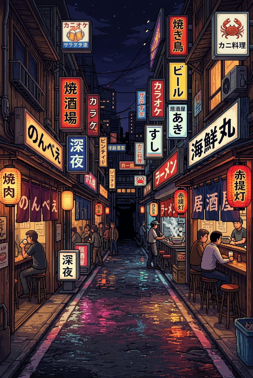 Affiche d'une rue de Tokyo, poster style pixel art