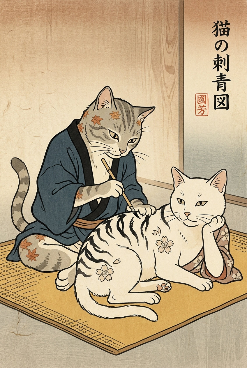 Affiche Chats Tatoueurs, poster Art Japonais