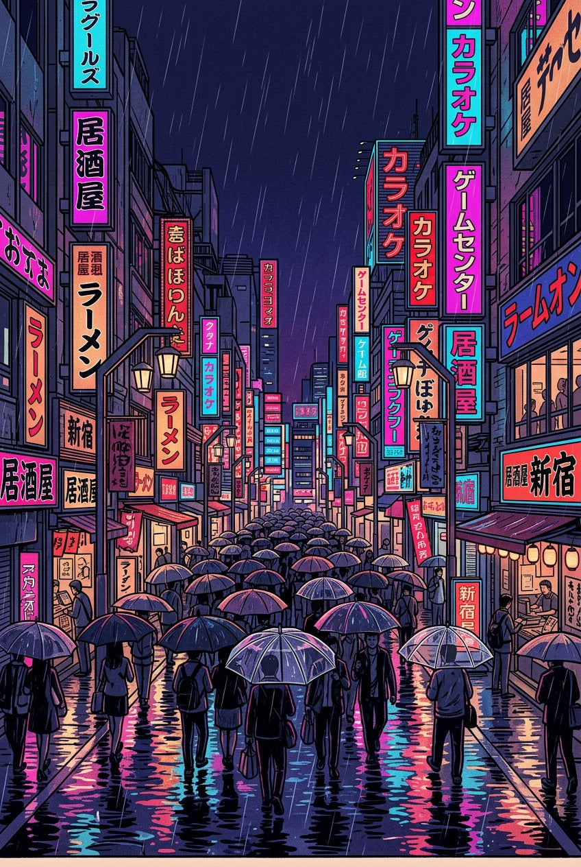 Affiche de Tokyo, poster néons sous la pluie