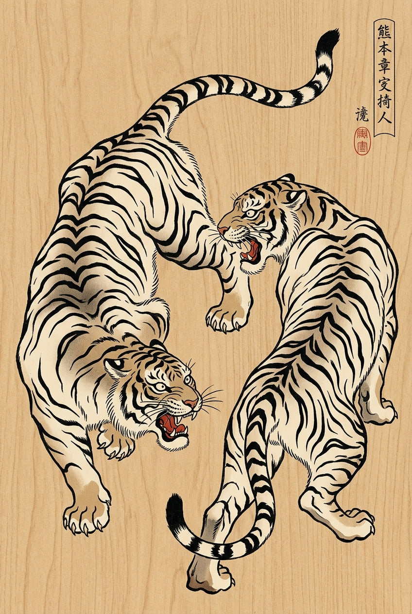 Affiche de Tigres Japonais, poster style Ukiyo-e