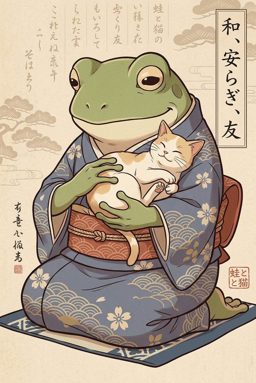 Affiche Grenouille en Kimono, poster chat japonais
