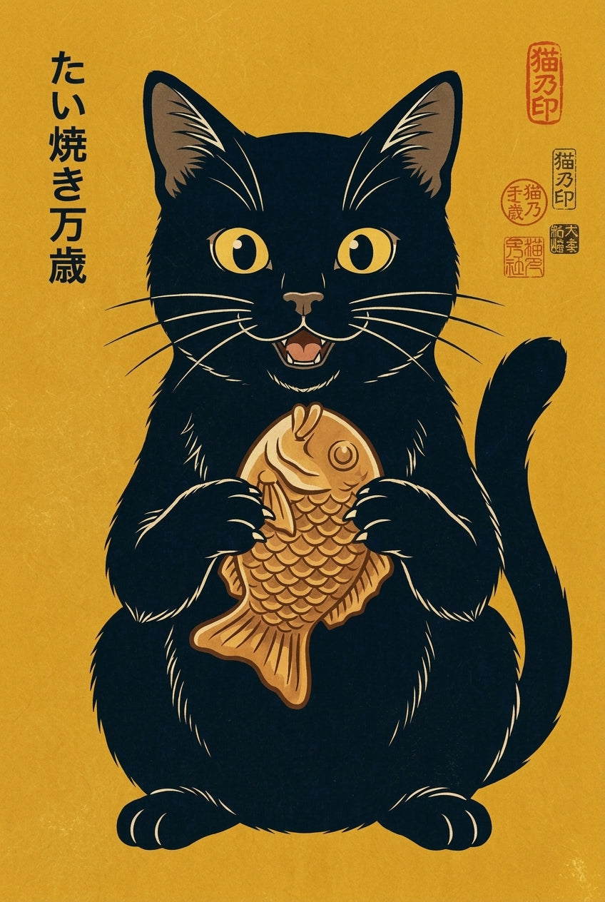 Affiche Chat Japonais, poster chat noir taiyaki
