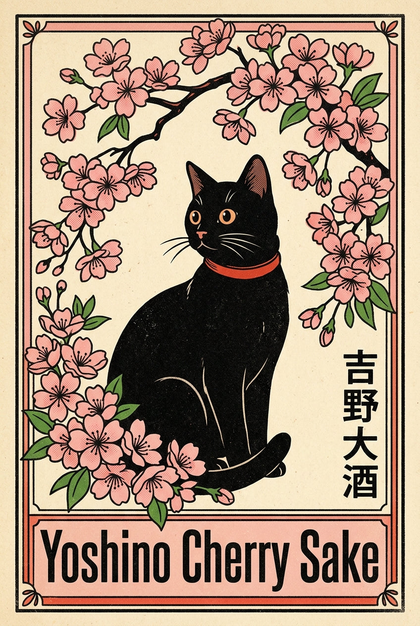 A vintage Japanese matchbox label illustration reimagined as a bold graphic poster, featuring a glossy black cat seat...