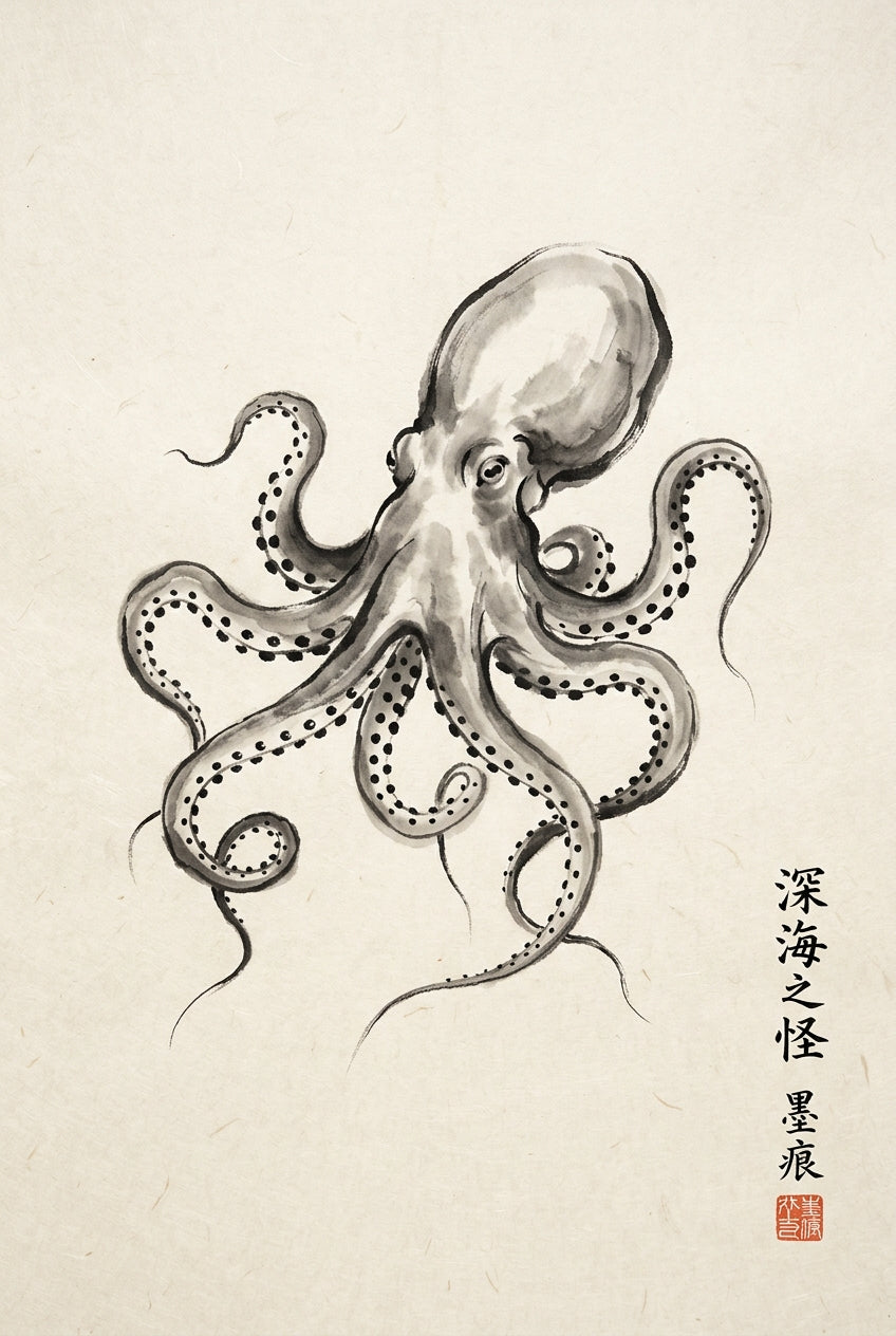 A traditional Japanese sumi-e ink painting of a single octopus rendered in expressive brushwork, its bulbous mantle d...
