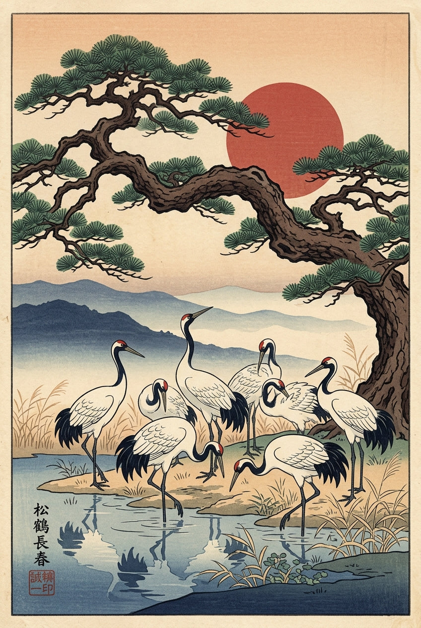 A traditional Japanese woodblock print landscape showing a group of elegant red-crowned cranes gathered on a shallow...