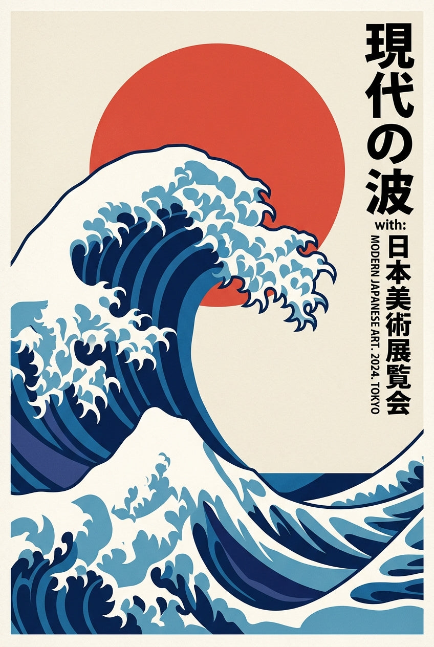 A modern graphic exhibition poster reinterpreting the great Japanese wave in a flat vector-like style, a towering cur...