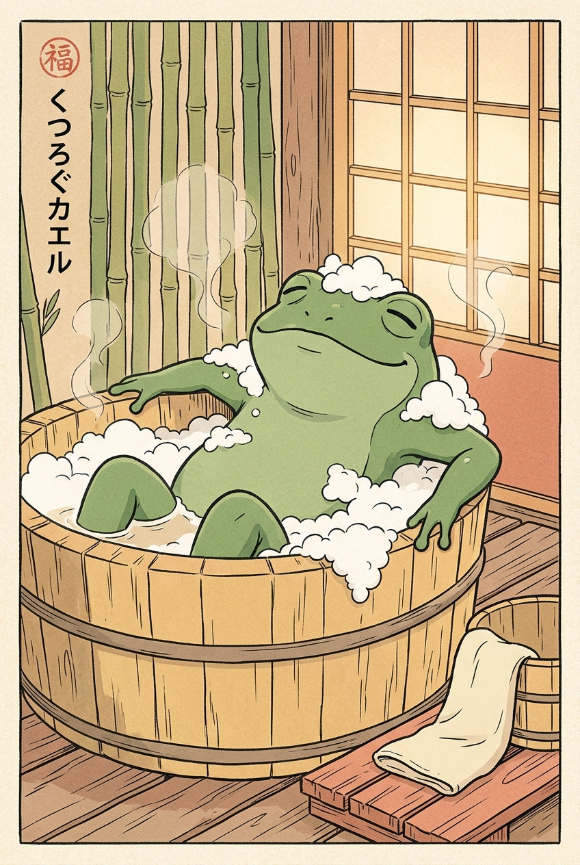 A whimsical anime cel-shaded illustration of a contented green frog soaking in a round wooden ofuro tub, arms draped...