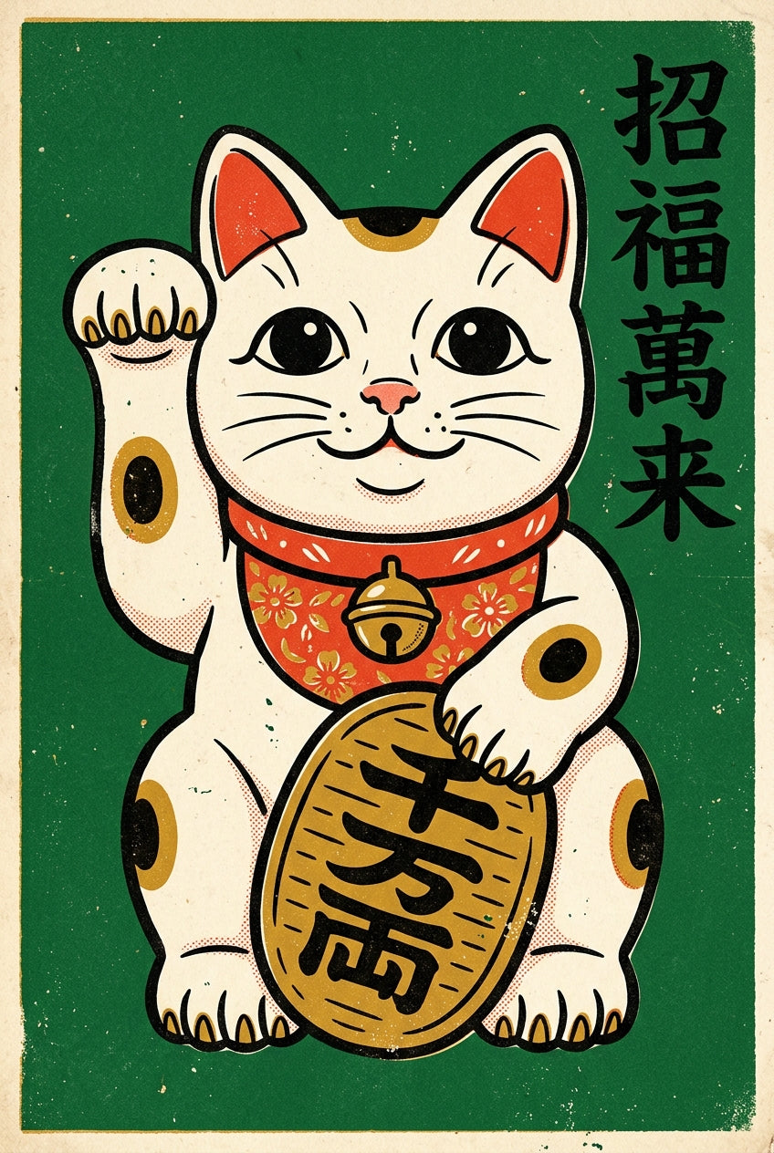 A vintage Japanese matchbox-style graphic illustration of a beckoning maneki neko cat sitting upright and facing forw...