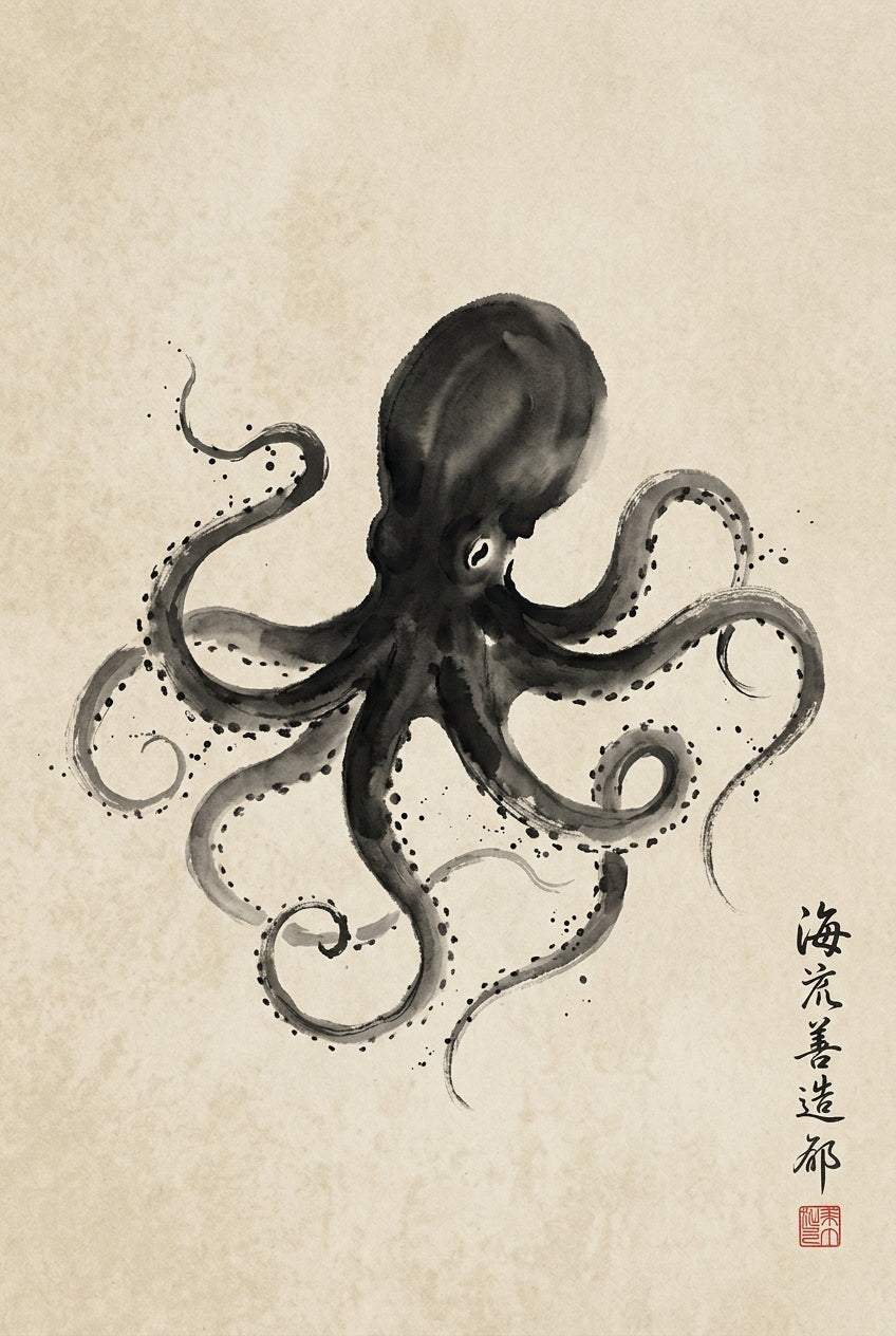 A minimalist sumi-e Japanese ink painting of a single octopus rendered in fluid black brushwork, its bulbous mantle h...