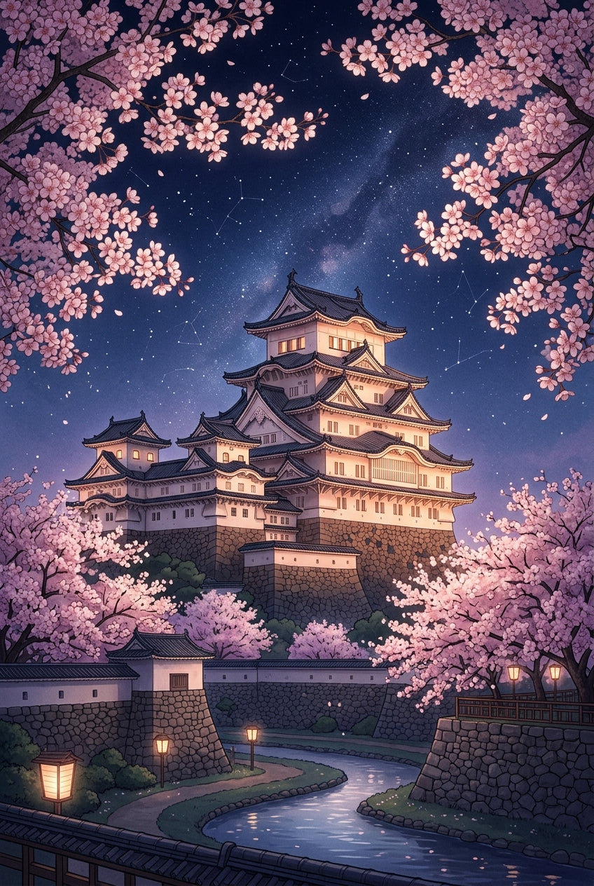 A richly detailed illustrated poster of Himeji Castle at night in full spring bloom, the white tiered keep with its c...
