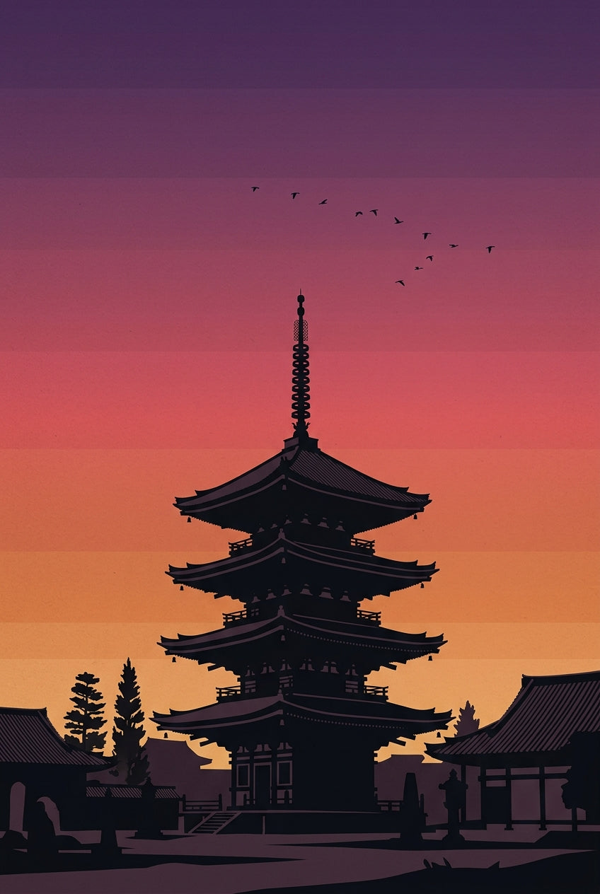 A vintage-style travel poster of a Kyoto pagoda in full silhouette against a vast evening sky, the multi-tiered roofl...