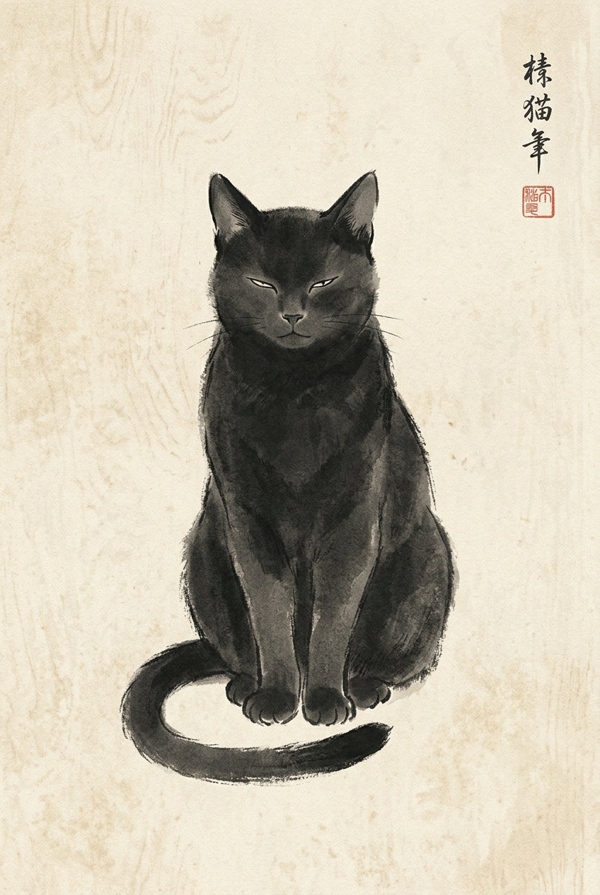 A minimalist Japanese woodblock and ink illustration of a single black cat seated in a poised upright pose, its body...