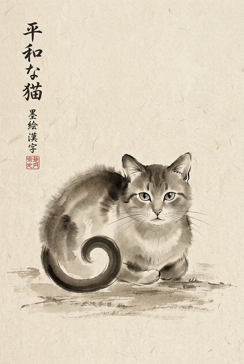 Affiche chat japonais, poster encre de Chine