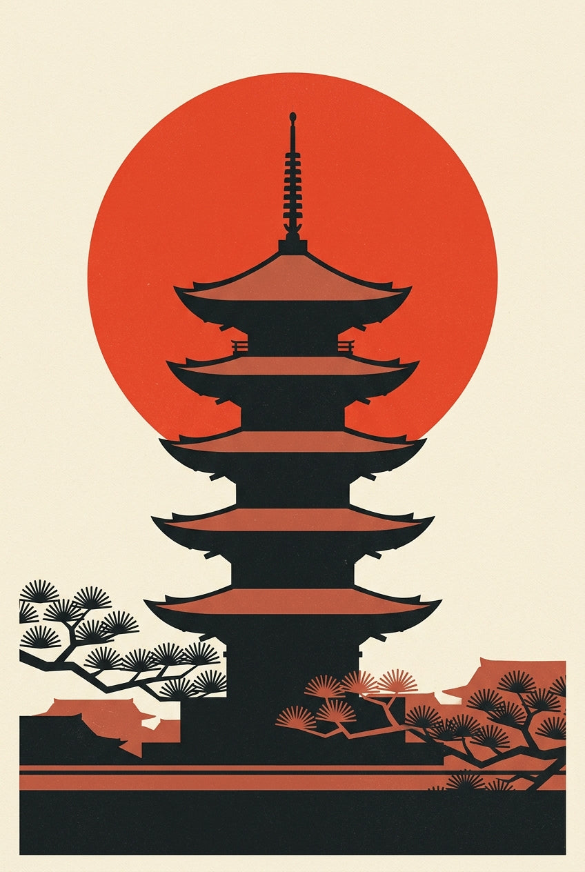 Affiche Pagode japonaise, poster soleil rouge