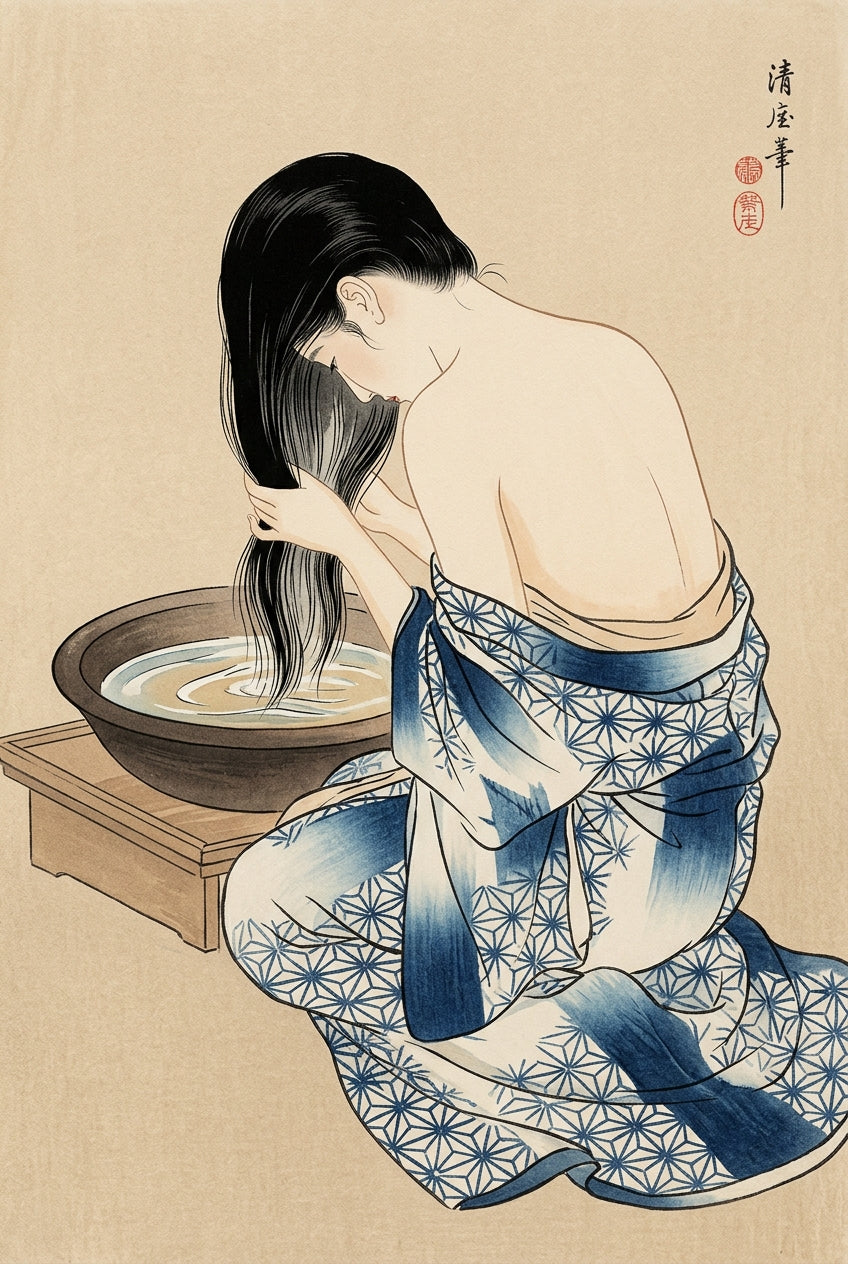 Affiche Japonaise, poster femme au kimono bleu