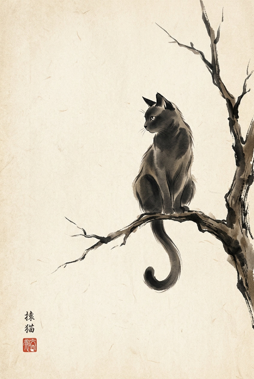 Affiche chat japonais, poster encre sumi-e