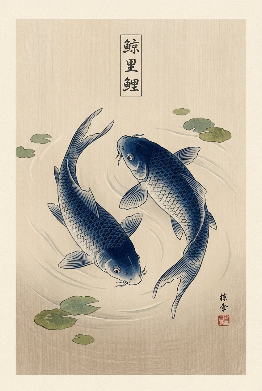 Affiche Carpes Koï japonaises, poster bleu