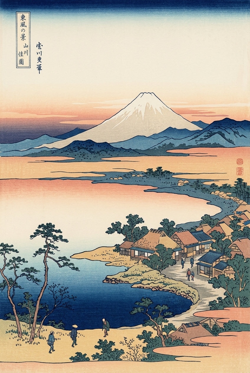 Affiche du Mont Fuji, poster village japonais