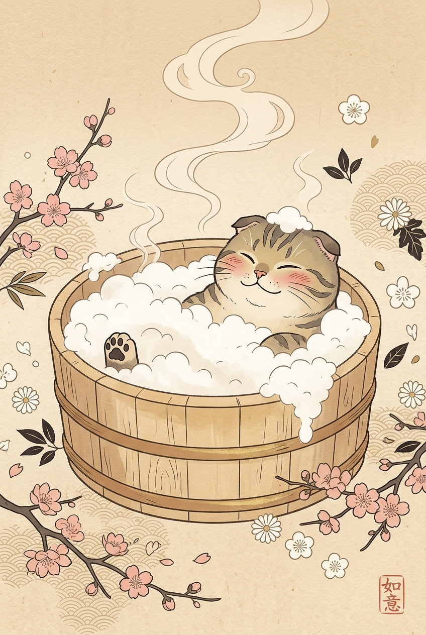Affiche Chat Japonais, poster bain onsen