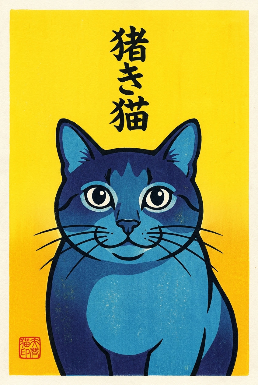 Affiche Chat Japonais, poster chat bleu