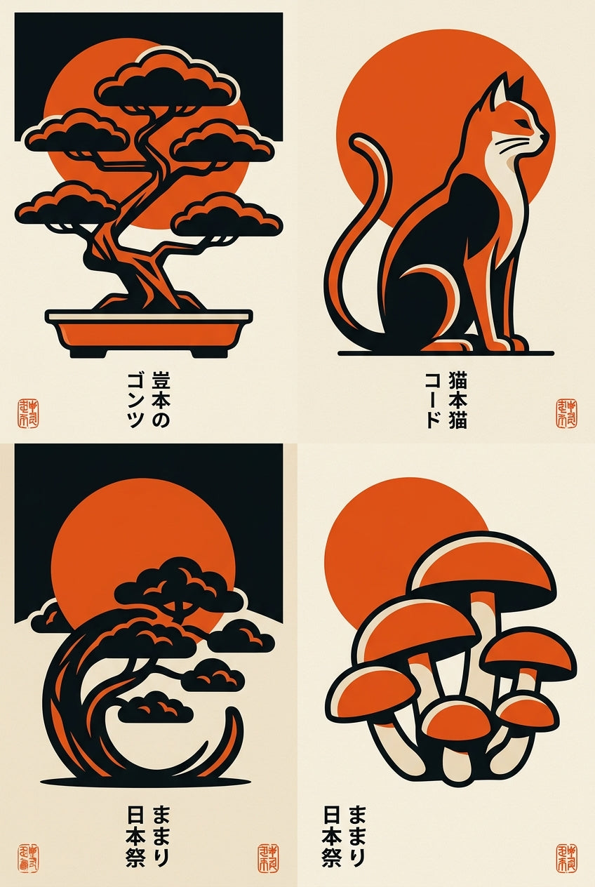 Affiche d'Art Japonais, illustration chat et bonsaï
