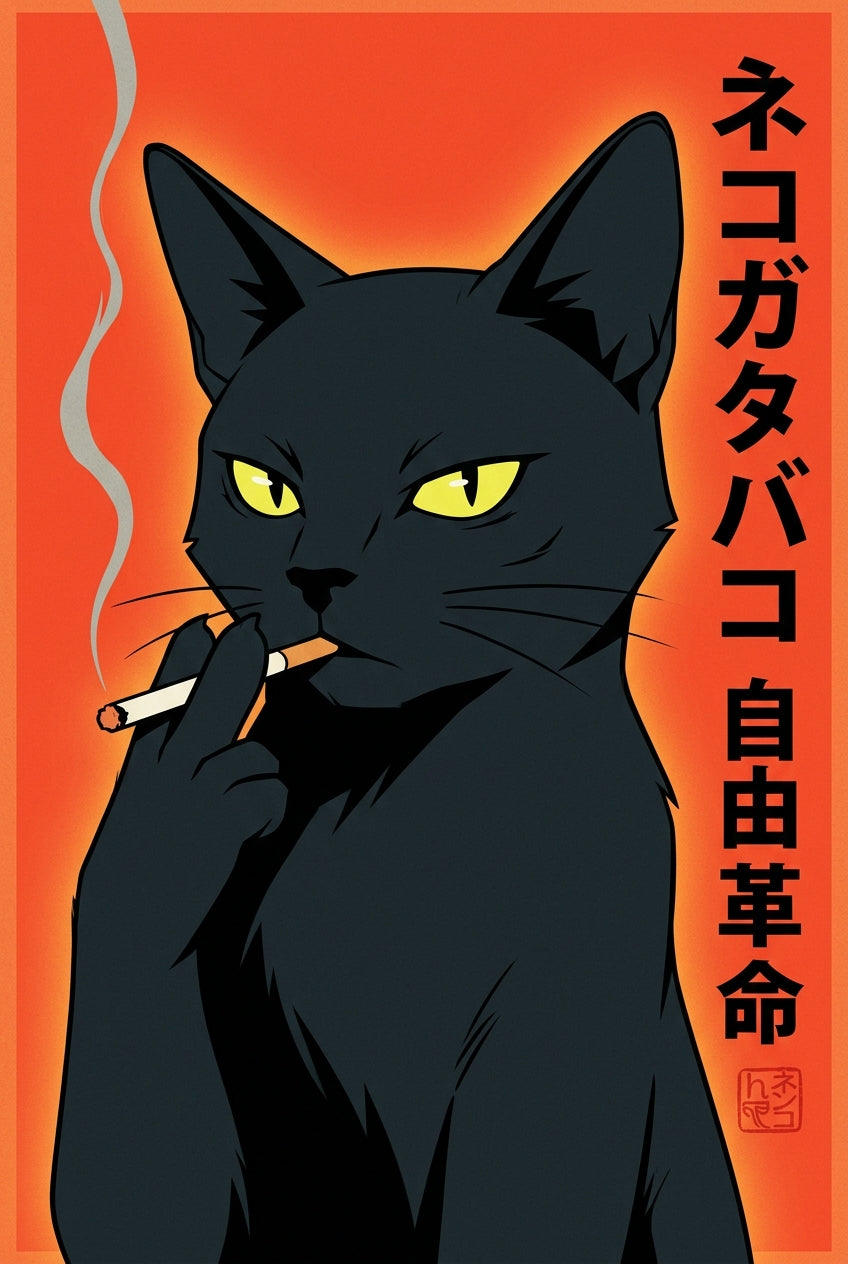 Affiche Chat Japonais, chat noir fumeur