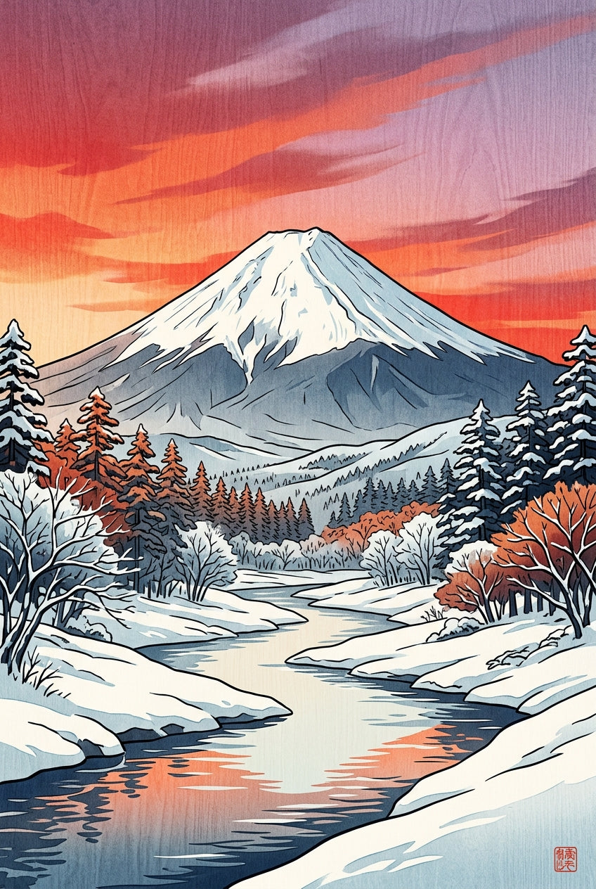 Affiche du Mont Fuji, paysage japonais enneigé