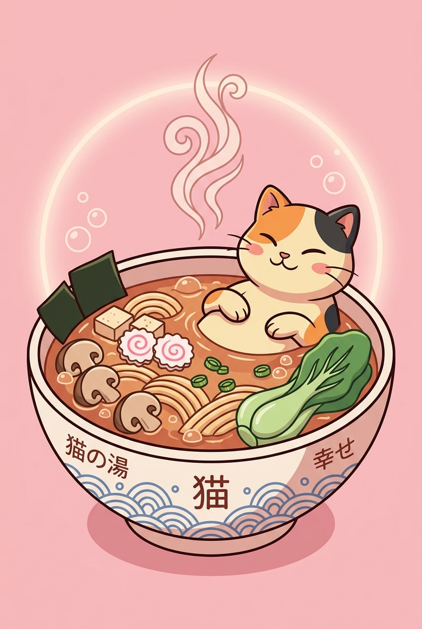 Affiche Chat Ramen, poster Kawaii rose
