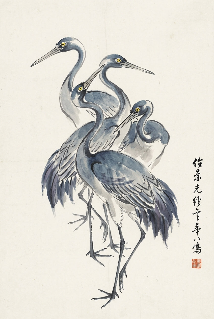 Affiche de hérons japonais, poster oiseaux