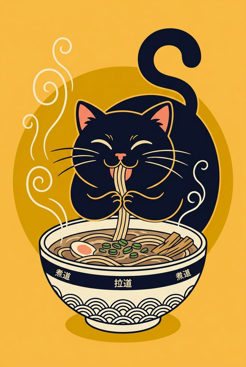 Affiche Chat Ramen, poster chat noir japonais
