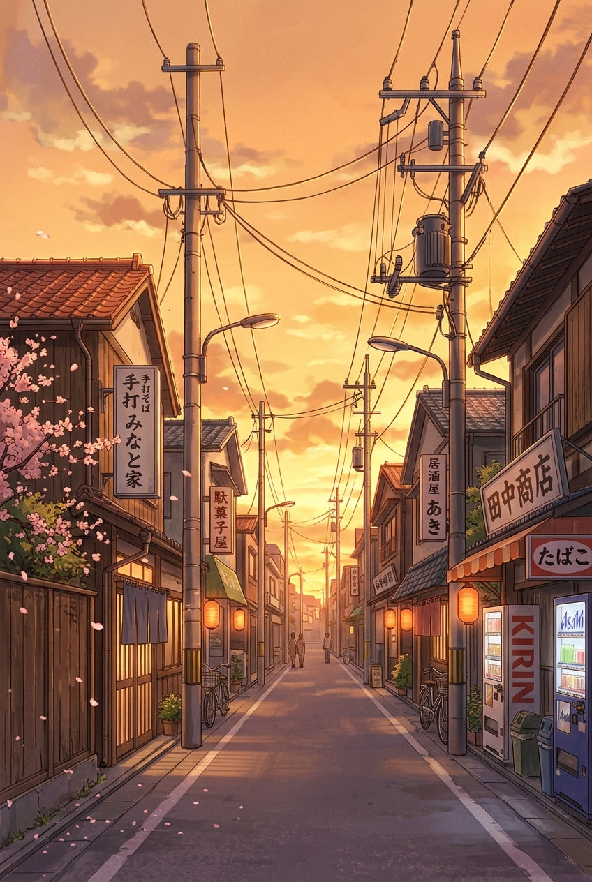 Poster du Japon, illustration rue au soleil couchant