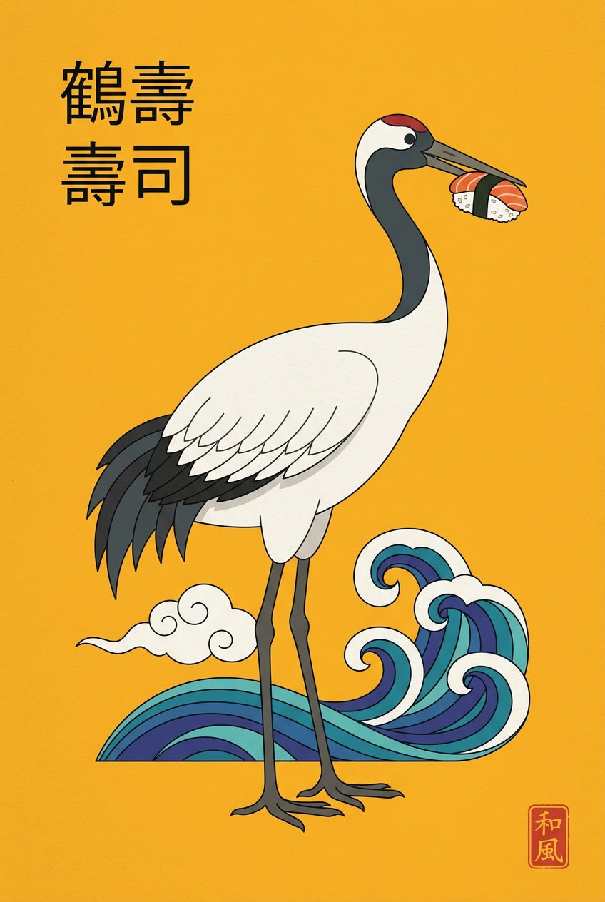 Affiche Grue du Japon au sushi, poster fond jaune