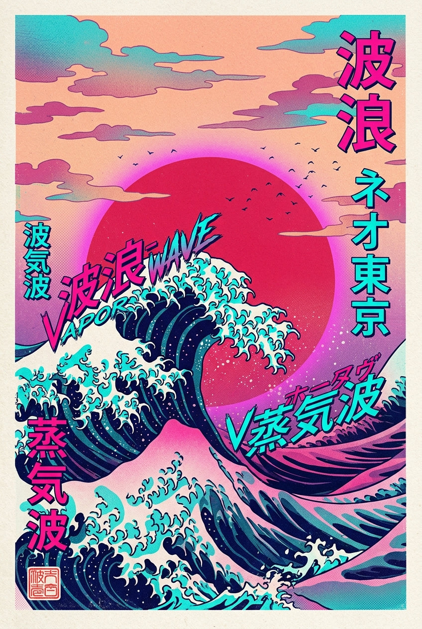 Affiche Grande Vague Vaporwave, poster néo-Tokyo