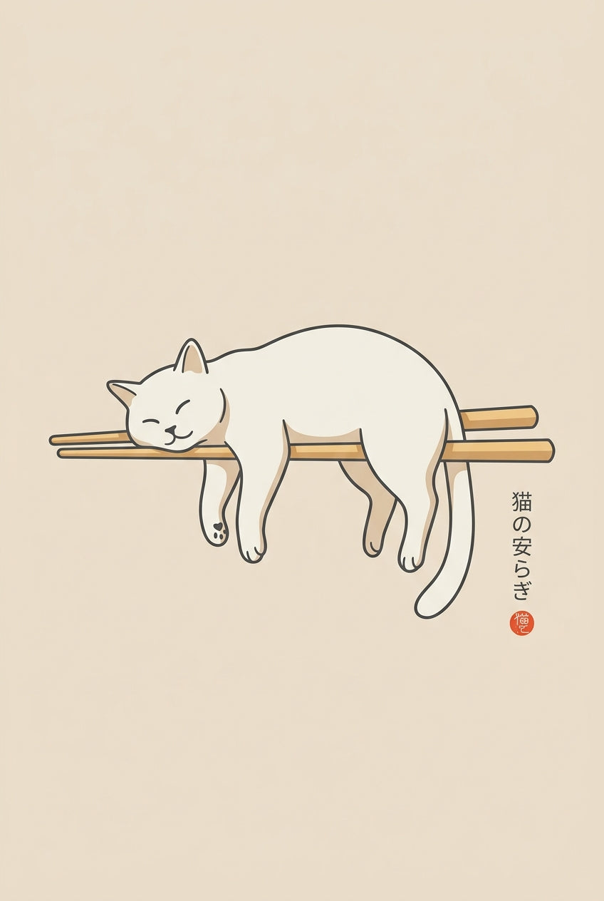 Affiche de chat japonais, poster baguettes bois